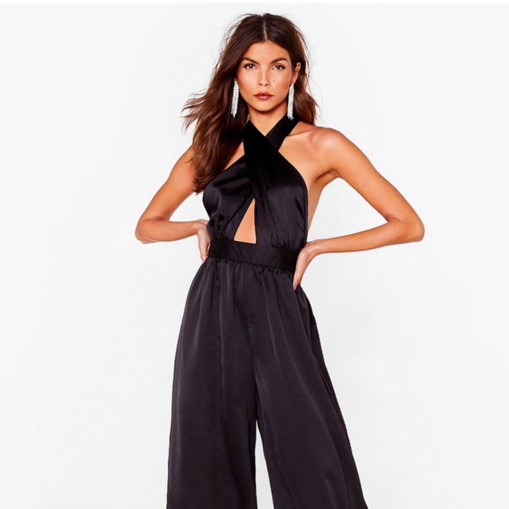 Nasty Gal Satin Wide Leg Halter Jumpsuit